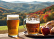 Vermont rolling hills in the background, Bread, apple and two beer mugs