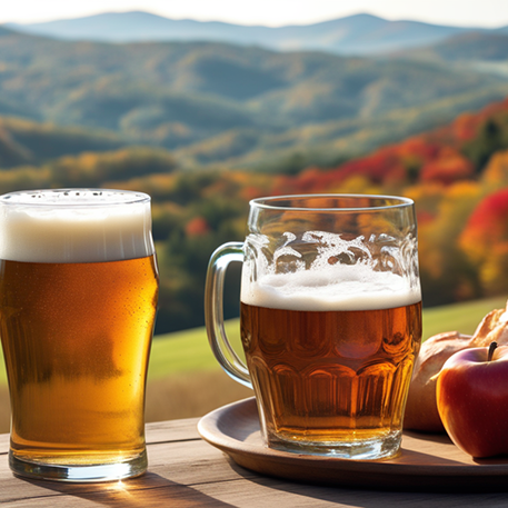 Vermont-octoberfest-and-beer-tasting Vermont rolling hills in the background, Bread, apple and two beer mugs