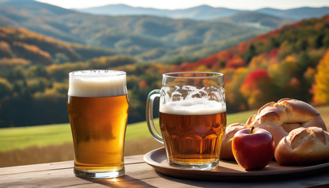 Vermont rolling hills in the background, Bread, apple and two beer mugs